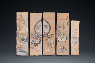 Five Chinese embroidered silk panels, 19th C.