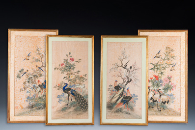 Wang Chengxun 王承勳 (19/20&egrave;me): 'Quatre oeuvres aux oiseaux', encre et couleurs sur soie, R&eacute;publique