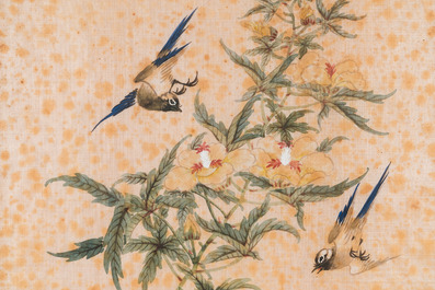 Wang Chengxun 王承勳 (19/20&egrave;me): 'Quatre oeuvres aux oiseaux', encre et couleurs sur soie, R&eacute;publique