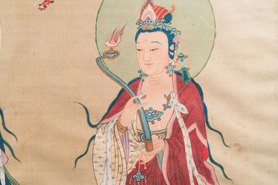 Chinese school: 'Three Buddhist goddesses', ink and colour on silk, 18th C.