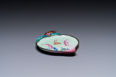 A Chinese Canton enamel peach-shaped saucer dish, Yongzheng