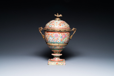 A rare large clobbered Chinese famille rose bowl and cover with gilt bronze mounts on a Samson porcelain foot, Qianlong and 19th C.