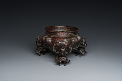 A Chinese lacquered bronze 'foreigners' censer, Ming