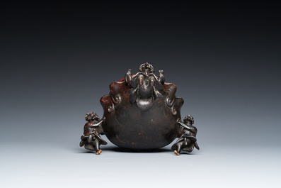 A Chinese lacquered bronze 'foreigners' censer, Ming