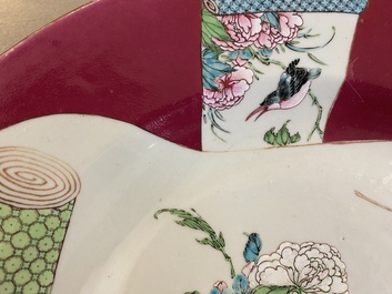 A pair of large Chinese famille rose ruby-ground 'rooster' dishes, Yongzheng