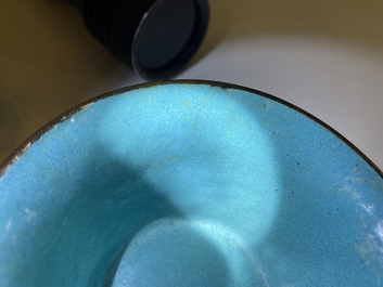 Two Chinese Canton enamel blue-ground bowls, Qianlong/Jiaqing