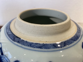 A pair of Chinese blue and white &lsquo;antiquities&rsquo; jars with wooden covers, Kangxi