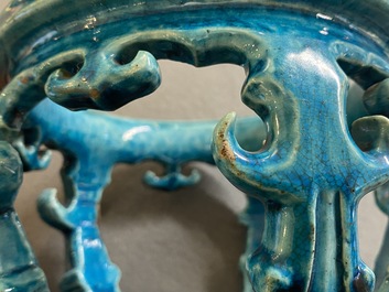 A Chinese monochrome turquoise-glazed reticulated ornament for use in a fish bowl, Kangxi