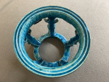 A Chinese monochrome turquoise-glazed reticulated ornament for use in a fish bowl, Kangxi