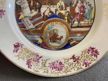 Assiette en porcelaine de Chine surd&eacute;cor&eacute;e en Europe &agrave; d&eacute;cor de marchands de laines europ&eacute;ens, Qianlong