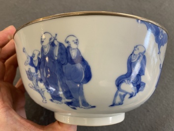 A Chinese blue and white 'Bleu de Hue' bowl with eighteen luohans for the Vietnamese market, Nei Fu mark 內府, 19th C.