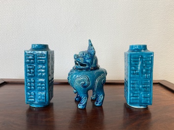 A pair of Chinese monochrome turquoise-glazed 'cong' vases and a 'luduan' censer, 19/20th C.