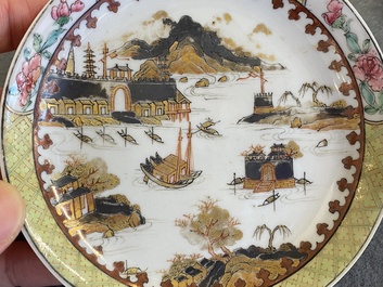 Rare tasse et soucoupe en porcelaine de Chine famille rose &agrave; d&eacute;cor d'une vue de port, Yongzheng