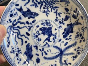 Een paar Chinese blauw-witte koppen en schotels met karpers, Kangxi