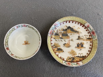 Rare tasse et soucoupe en porcelaine de Chine famille rose &agrave; d&eacute;cor d'une vue de port, Yongzheng