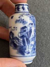 Five Chinese blue and white snuff bottles, 19th C.