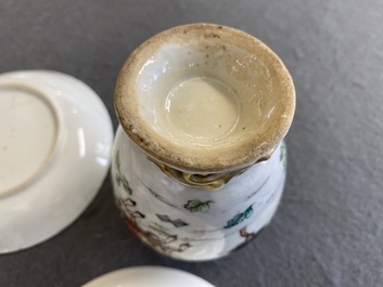 Three Chinese famille rose 'horserider' cups and saucers with the matching tea caddy, Yongzheng/Qianlong