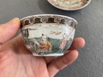 Sept tasses et sept soucoupes en porcelaine de Chine famille rose, Yongzheng/Qianlong