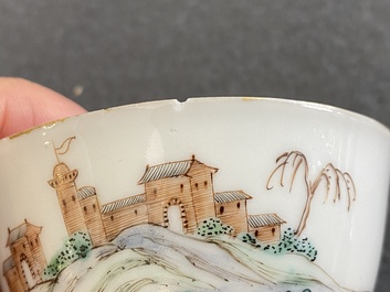 Three Chinese famille rose 'horserider' cups and saucers with the matching tea caddy, Yongzheng/Qianlong