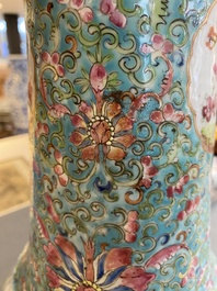 A pair of Chinese turquoise-ground famille rose vases, 19th C.