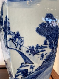 A pair of Chinese blue and white hexagonal 'mountainous landscape' vases, 19th C.