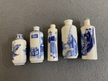 Five Chinese blue and white snuff bottles, 19th C.