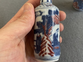 Two Chinese blue, white and copper-red snuff bottles, Yongzheng mark, 19th C.