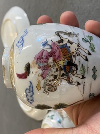 Three Chinese famille rose 'horserider' cups and saucers with the matching tea caddy, Yongzheng/Qianlong