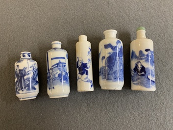 Five Chinese blue and white snuff bottles, 19th C.