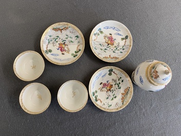 Three Chinese famille rose 'horserider' cups and saucers with the matching tea caddy, Yongzheng/Qianlong