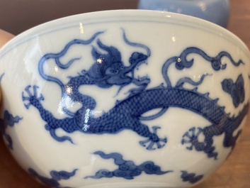 A Chinese blue and white 'dragon' bowl and a lavender-blue-glazed brushwasher, Qianlong mark, 19/20th C.