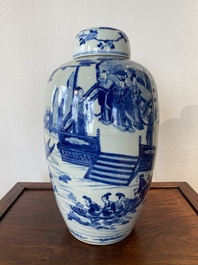 Een grote Chinese blauw-witte dekselpot met verhalend decor, 19e eeuw