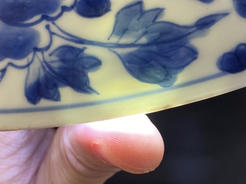 Een grote Chinese blauw-witte schotel met gebombeerd centraal medaillon, Kangxi