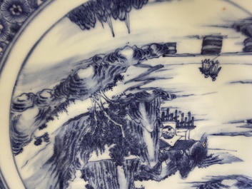 Two Chinese blue and white 'mountainous landscape' dishes, 19th C.