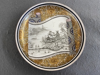 A Chinese grisaille and gilt-decorated 'ruby back' plate, Yongzheng mark, 19/20th C.