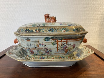 A Chinese octagonal famille rose 'mandarin subject' tureen and cover on stand, Qianlong