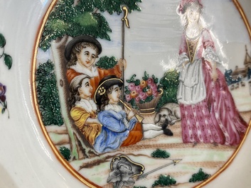 Tasse et soucoupe en porcelaine de Chine famille rose &agrave; sujet europ&eacute;en, Qianlong