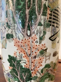 A fine Chinese famille verte rouleau 'rice production' vase, 19th C.