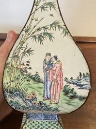 A Chinese lozenge-shaped Canton enamel 'Four gentlemen' vase, Qianlong mark and of the period