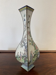 A Chinese lozenge-shaped Canton enamel 'Four gentlemen' vase, Qianlong mark and of the period