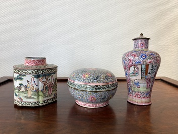 A Chinese Canton enamel covered vase, a covered bowl and a tea caddy, Qianlong