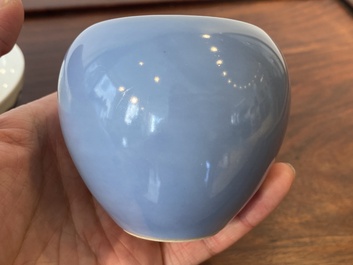 A Chinese blue and white 'dragon' bowl and a lavender-blue-glazed brushwasher, Qianlong mark, 19/20th C.