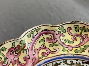 A pair of Chinese Canton enamel marriage bowls on stems, Yongzheng