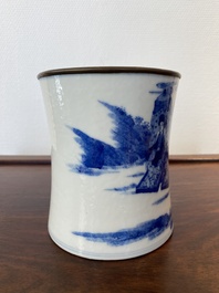 Pot &agrave; pinceaux en porcelaine de Chine en bleu et blanc, marque de Kangxi, 19&egrave;me