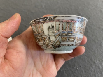 A fine Chinese famille rose cup and saucer with go-players, Yongzheng