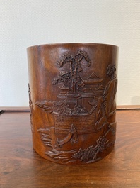 A large Chinese huali wood brush pot with scholars in a landscape, 20th C.