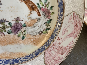 Two Chinese famille rose 'magpie and peony' plates with bianco-sopra-bianco rims, Yongzheng