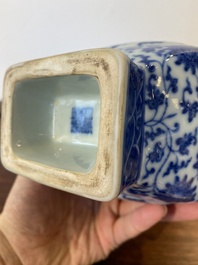 A Chinese blue and white 'fanghu' vase with lotus scrolls, Qianlong mark, 19/20th C.