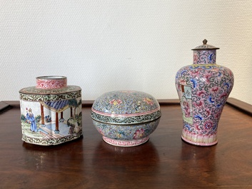 A Chinese Canton enamel covered vase, a covered bowl and a tea caddy, Qianlong