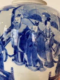 Grand pot couvert en porcelaine de Chine en bleu et blanc &agrave; d&eacute;cor narratif, 19&egrave;me